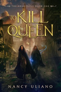 Book cover with a man and a woman walking through a medieval style town