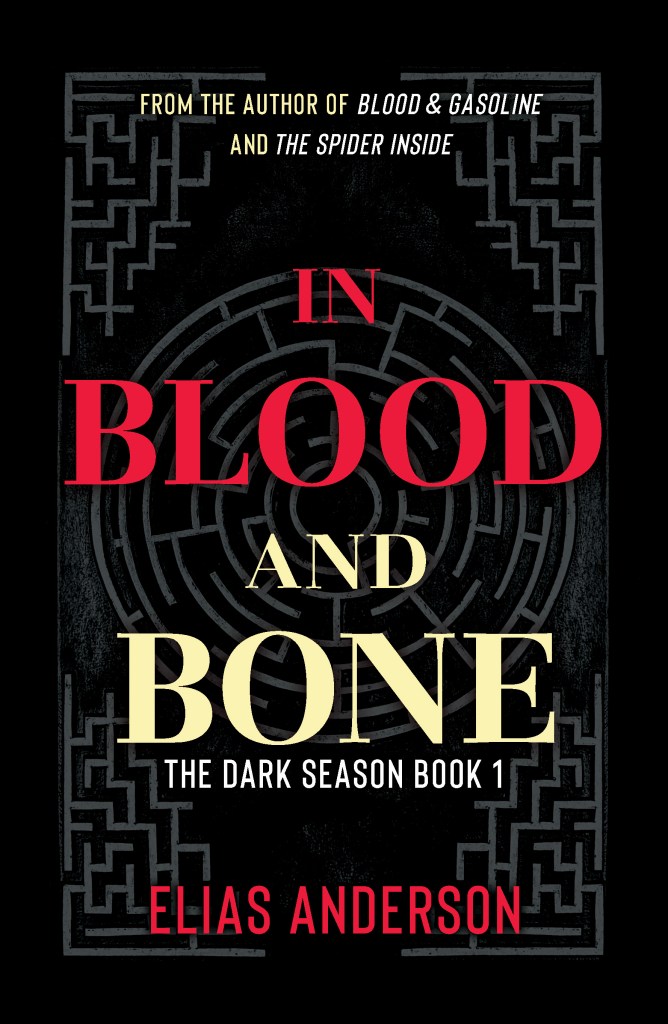 Book title in red and cream on a black background