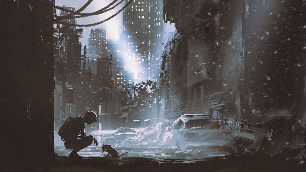 young boy looking at a cat in the corner of the building at night