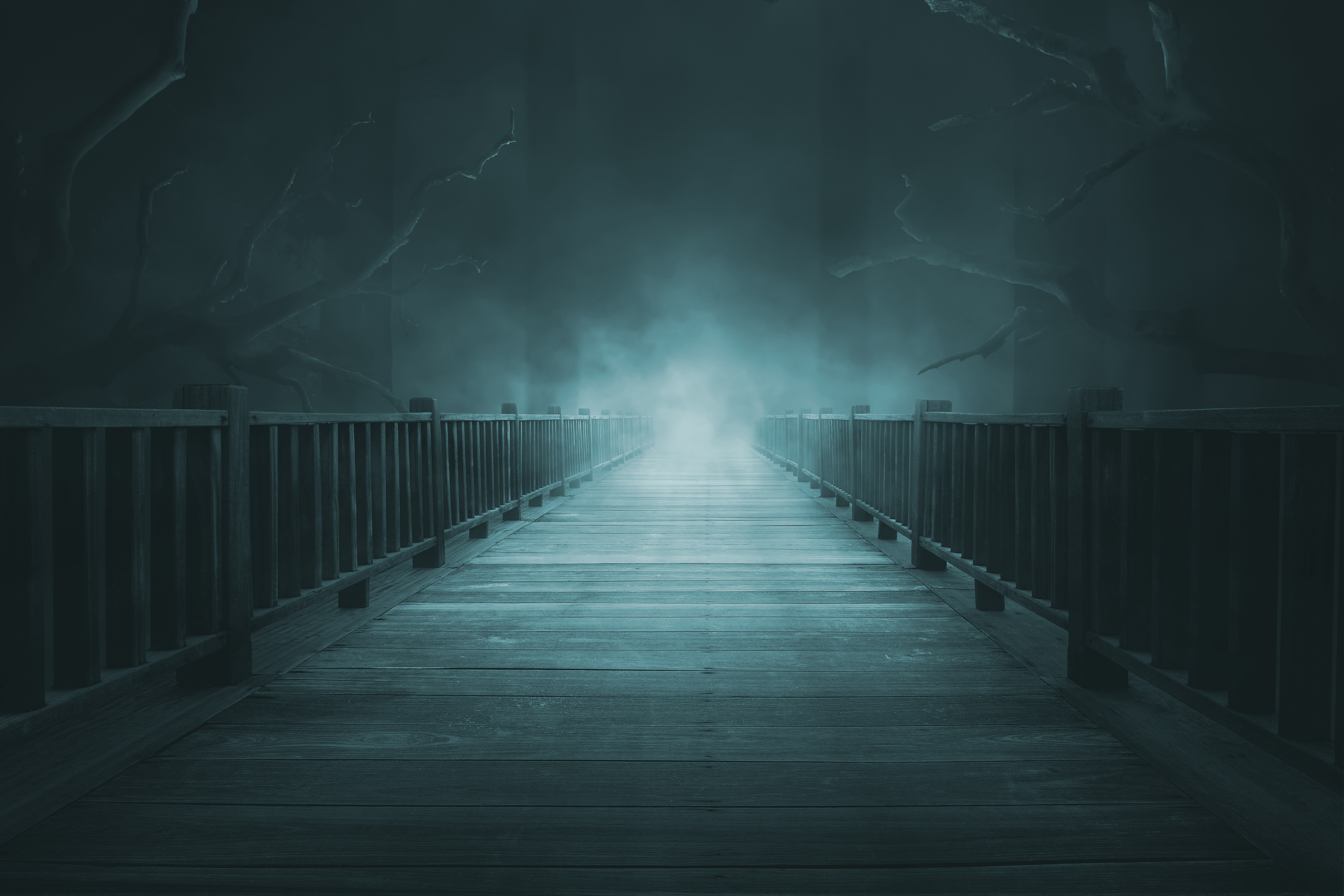 Wooden walkway with thick fog