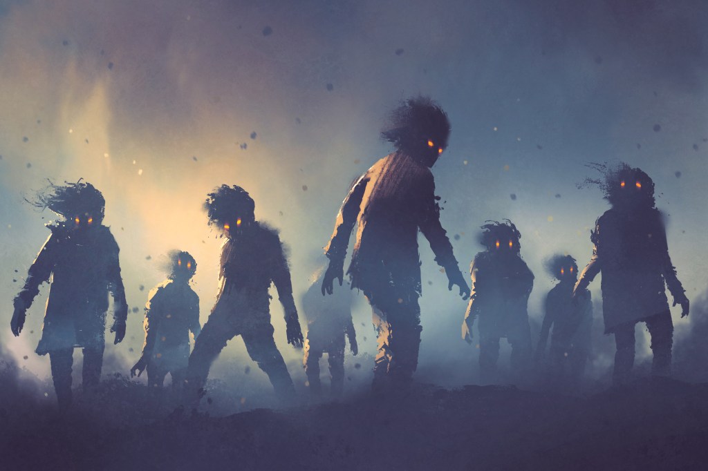 zombie crowd walking at night