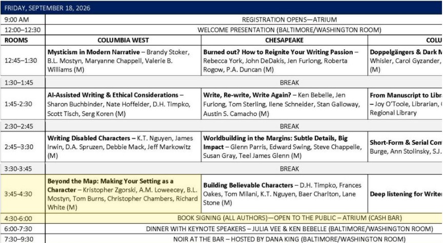 A detailed schedule for a writers' conference on September 18, 2026, with session titles, presenters, and time slots across three rooms: Columbia West, Chesapeake, and Columbia.