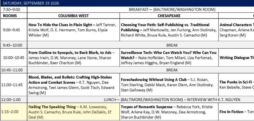 Schedule for a writing conference on September 19, 2026, outlining sessions on various topics including publishing, writing techniques, and genre-specific workshops.