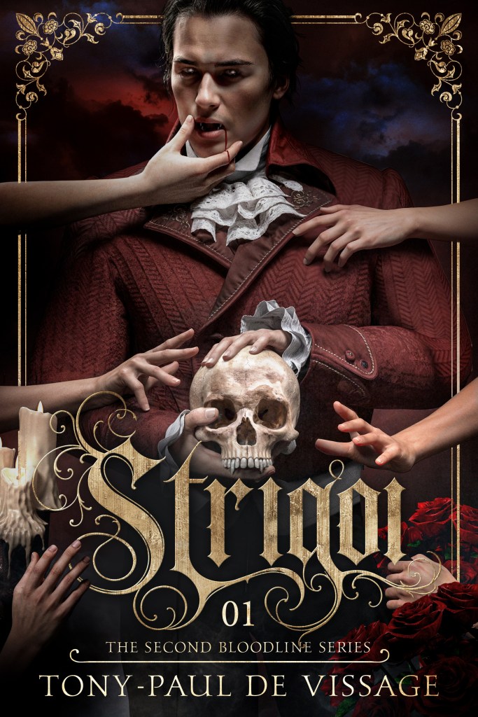 Man in 19th century dress holding a skull and surrounded by women's arms grabbing for him
